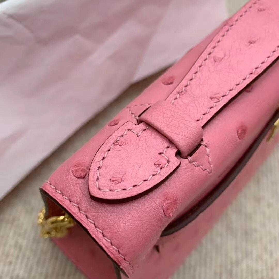 에르메스 미니 켈리백22 사쿠라 핑크 금장 타조가죽